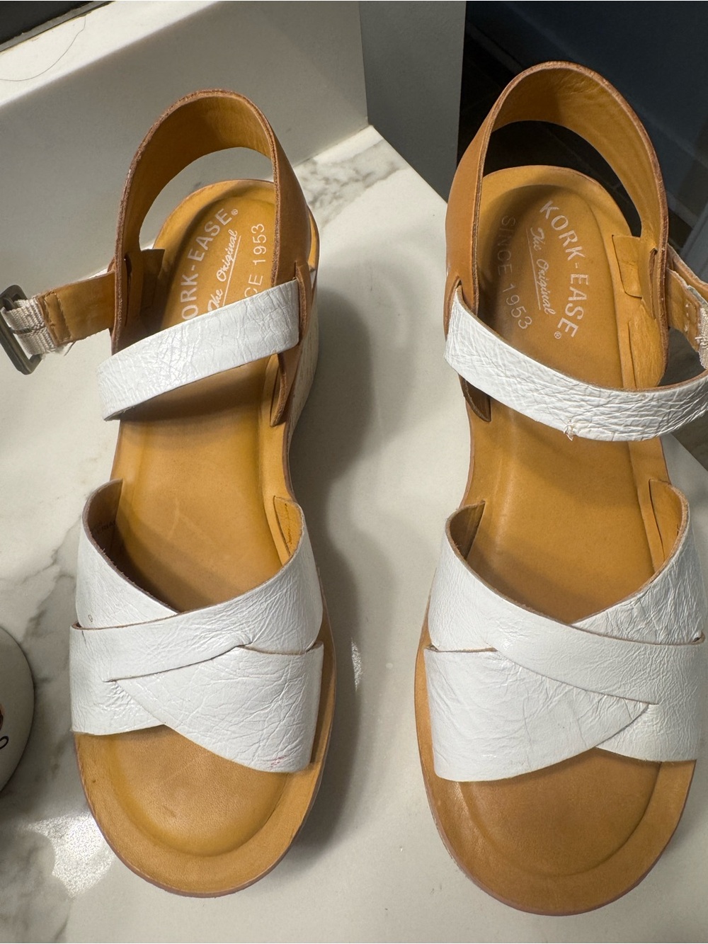 Kork-Ease White Leather Crisscross Slingback Sandals
